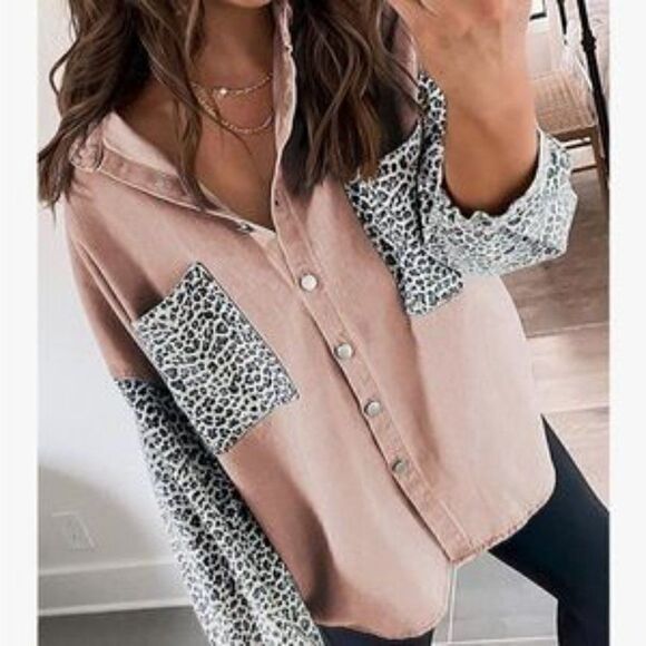 New Button Down Leopard Patch Pink Denim Jacket - Picture 2 of 6